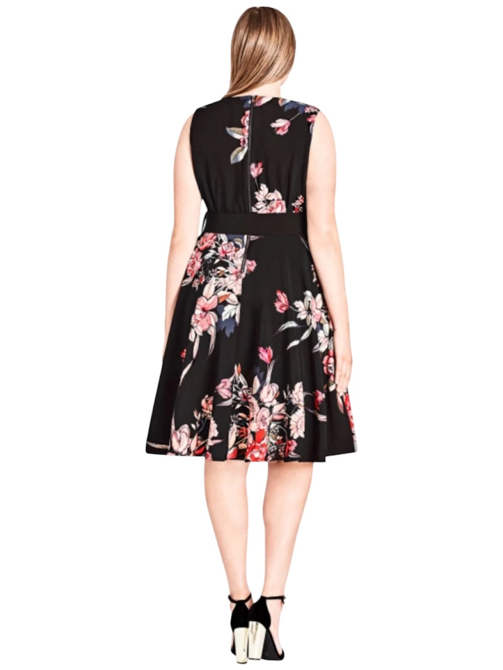 City Chic Black Multi Sleeveless Belted Misty Floral Fit-and-Flare Dress, L/20 - Picture 3 of 13